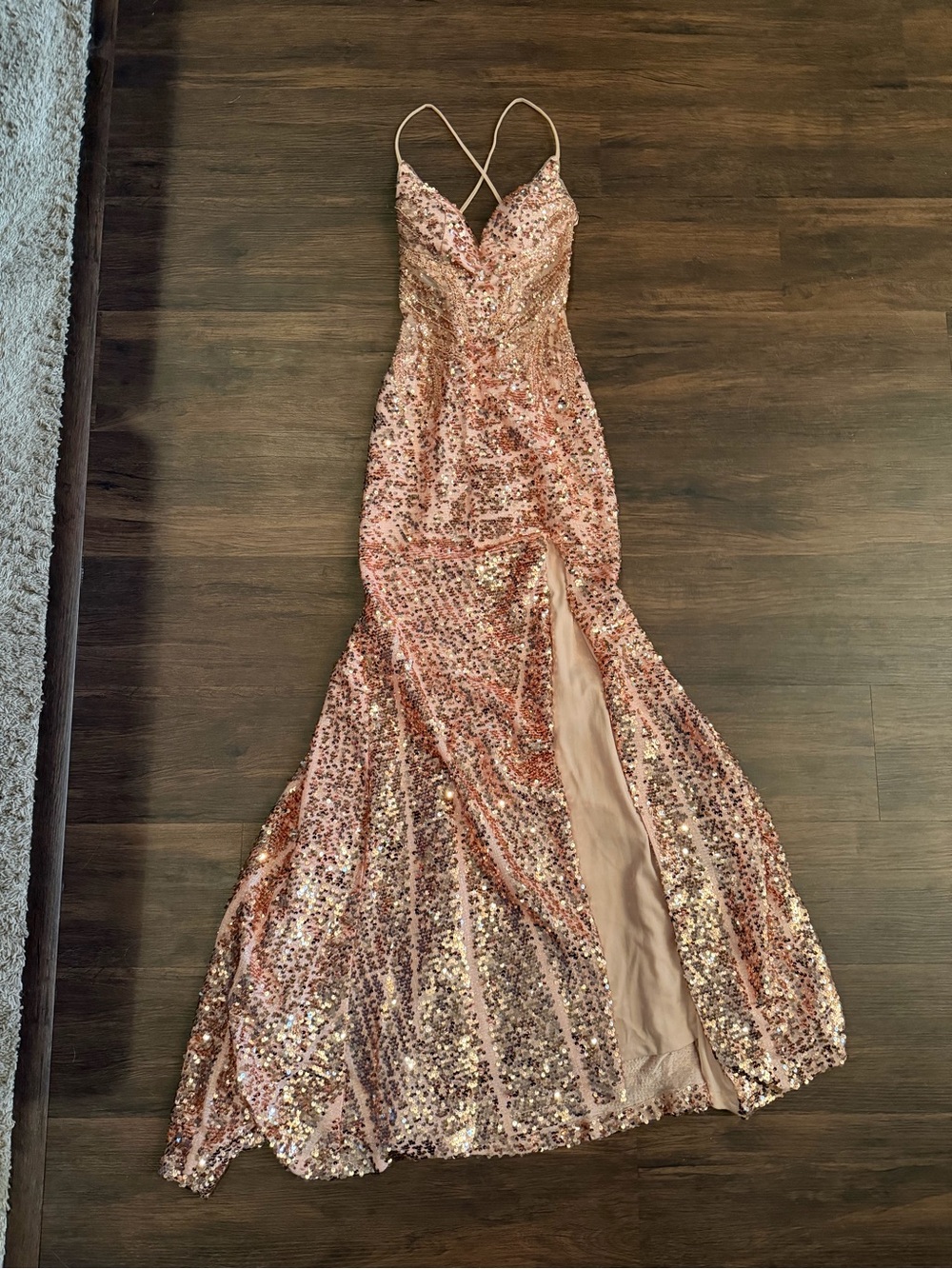 Rose Gold Sequin Spaghetti-Strap Prom Gown